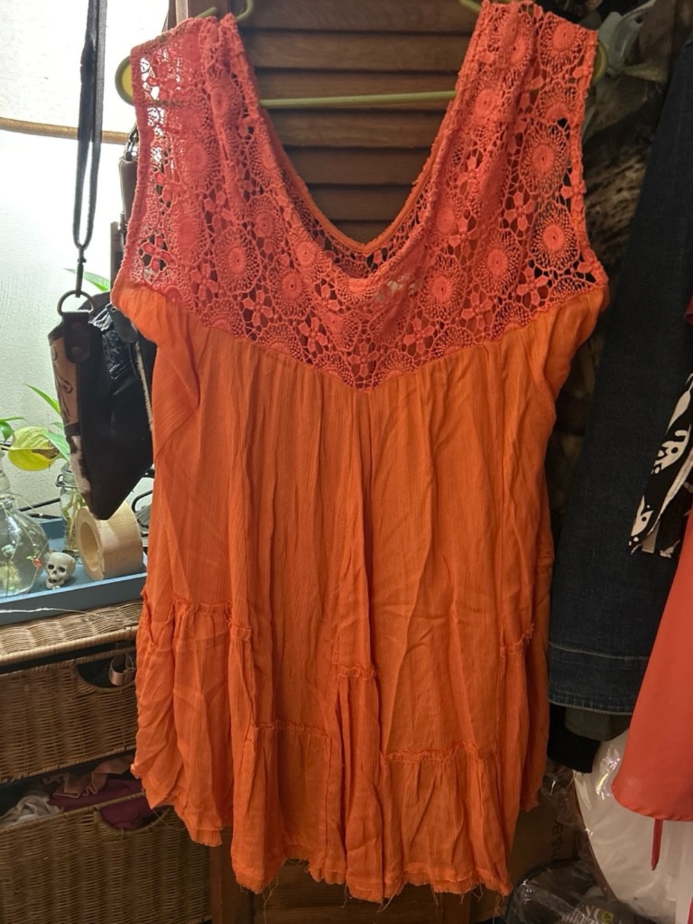 Orange Crochet Yoke Women's Sleeveless Dress